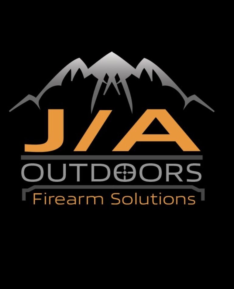 Logo for J/A Outdoors Firearm Solutions featuring mountain peaks.