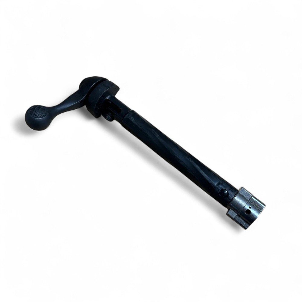 Black bicycle pump with a nozzle on a white background.